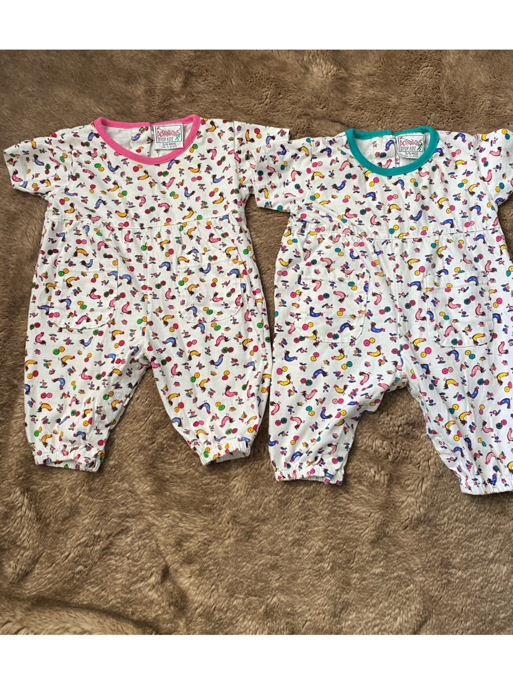 VintageToddler Two-Pack White Bird & Fruit Print Rompers with Pink and Teal Trim